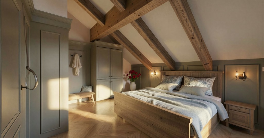 Gem&uuml;tliches Schlafzimmer mit Holzbalken, Doppelbett, Schr&auml;nken und weichem Licht